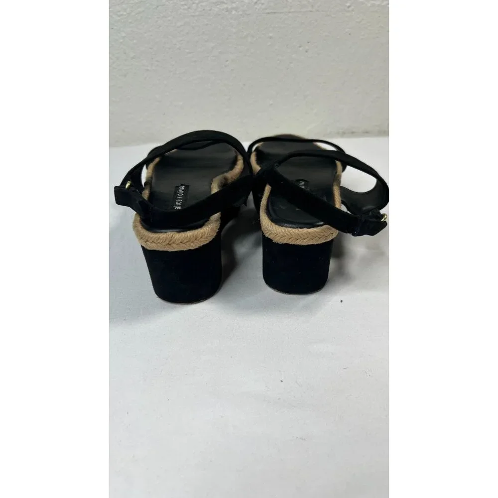 Alice + Olivia Anastasia Flatforms Suede Platform Sandals Jute Trim Black 7.5